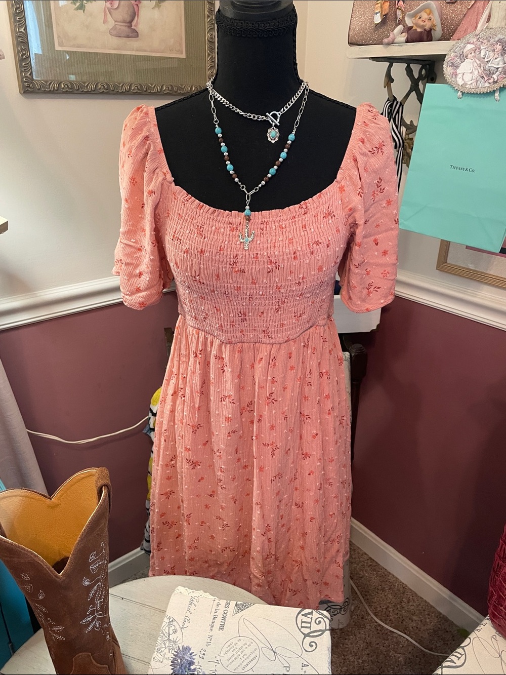 Vanilla Bay Coral-Peach Floral Smocked Midi Dress